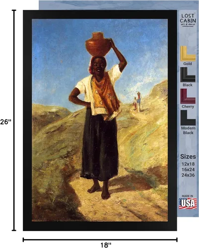 Vista 8 de Camille Pissarro - Mujer de cabina perdida que lleva una jarra en su cabeza Marco plano negro de lienzo Reproducción de pintura de obras de arte