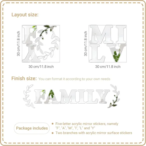 Vista 6 de Decoración de pared con espejo de letras familiares, calcomanías de espejo acrílico 3D, citas de letras familiares, decoración del hogar, letreros