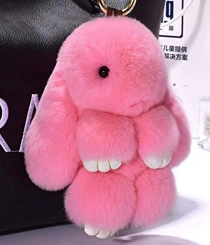Vista 3 de LvBo Llavero con colgante de muñeca de pompón de piel de conejo, Rex, bolso de mano, Rosado