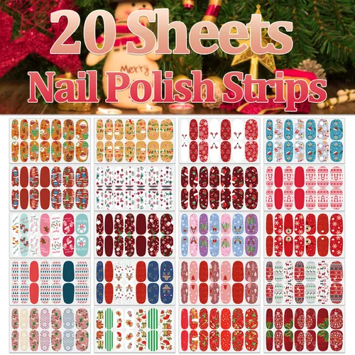 Vista 2 de 20 hojas de esmalte de uñas de Navidad, envolturas completas de uñas para mujeres, calcomanías autoadhesivas de esmalte de uñas de gel, tiras