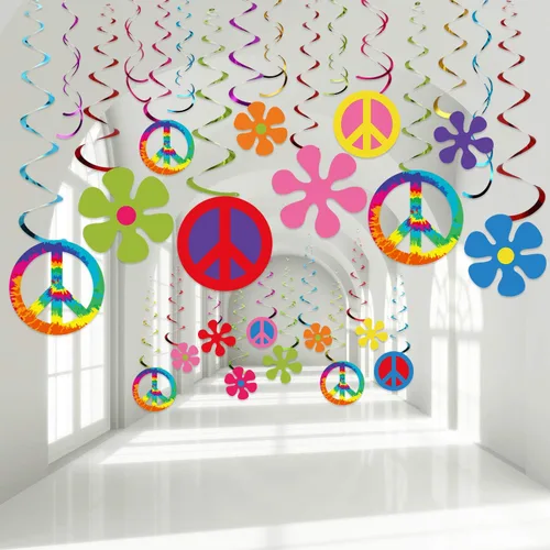 Vista 10 de Outus Decoraciones de fiesta de cumpleaños con temática hippie de los años 60 y 70, decoraciones de espirales de aluminio de los años 60 y 70