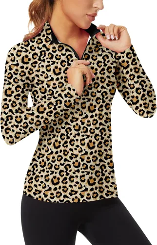 Vista 11 de WOWENY - Camiseta de manga larga con cremallera de 1/4 para mujer, con cuello, para hacer deporte, con estampado, para tenis Hoja multicolor.