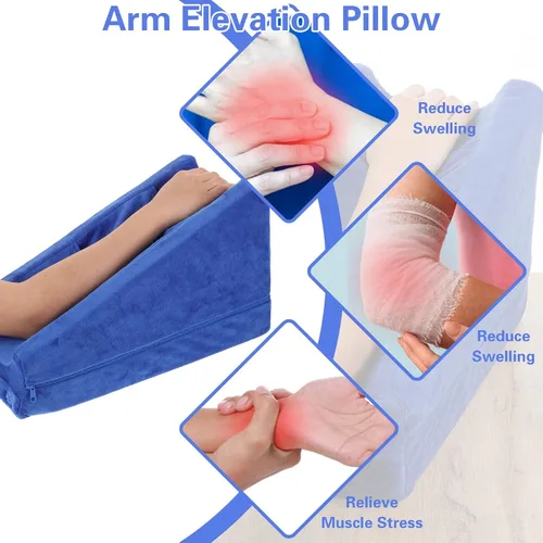 Vista 5 de Almohada de brazo gris con 2 bolsillos, almohadas de apoyo ergonómicas suaves para reposar codos en forma de cuña y brazo roto regalos con espuma
