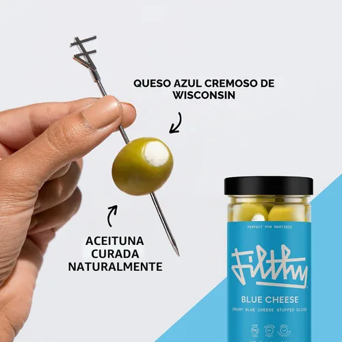 Vista 4 de Aceitunas rellenas de queso azul sucio, guarnición de cóctel de alta calidad, tarro de 8.5 onzas