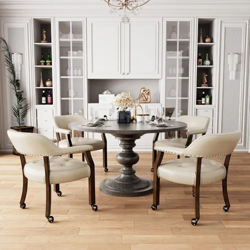 Vista 6 de LEEMTORIG Sillas de comedor grandes con ruedas y brazos, sillas de comedor con ruedas rodantes, sillas de escritorio de oficina de madera maciza, 26