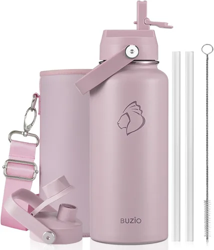 Vista 36 de BUZIO Botella de agua aislada de 24 oz, frasco de agua de boca ancha de acero inoxidable con tapa de pajita, frío durante 48 horas a prueba de Negro