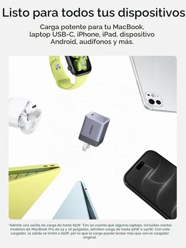 Vista 9 de UGREEN Nexode Air - Bloque de carga USB C GaN de 65 W con cable de 3.3 pies Gris