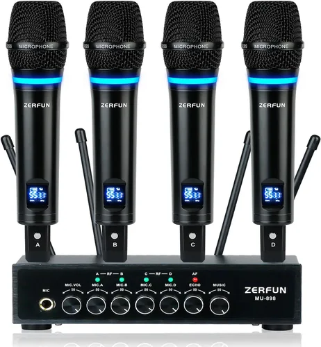 Vista 10 de Sistema de Micrófono Inalámbrico Recargable de 4 Canales Pro, Micrófono de Mano de Metal UHF Auricular Lavalier de Solapa Inalámbrico para Iglesia