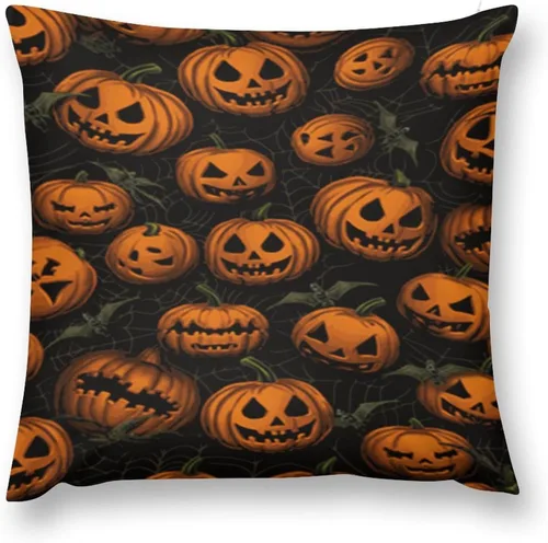 Vista 2 de Funda de almohada de calabaza, fantasma, espeluznante, telaraña, calavera, murciélagos, fundas de almohada decorativas, fundas de almohada rústicas