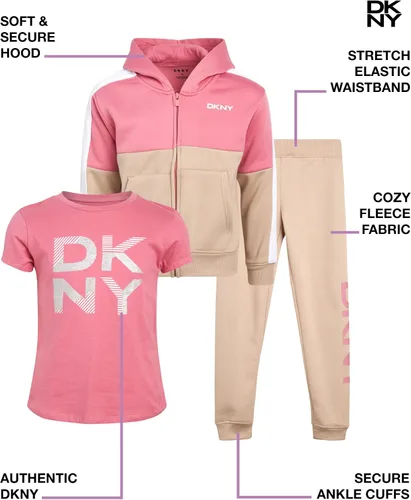 Vista 2 de DKNY Conjunto de sudadera con capucha y pantalón deportivo de 3 piezas para niñas