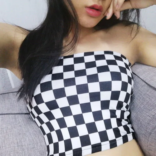 Vista 2 de Women Black and White Plaid Sexy Strapless Tube Top