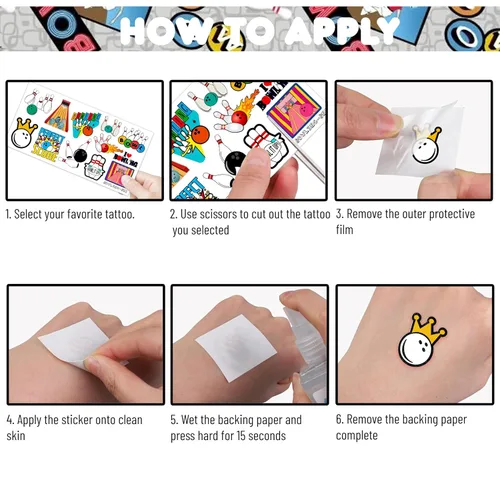 Vista 5 de 88 tatuajes temporales de boliche para niños, divertidas calcomanías de bola de boliche, recuerdos de fiesta de cumpleaños temática deportiva