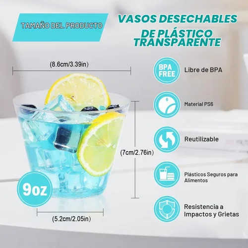 Vista 3 de BYSNOW Paquete de 50 vasos de plástico transparente de 9 onzas, vasos de cóctel de plástico desechables