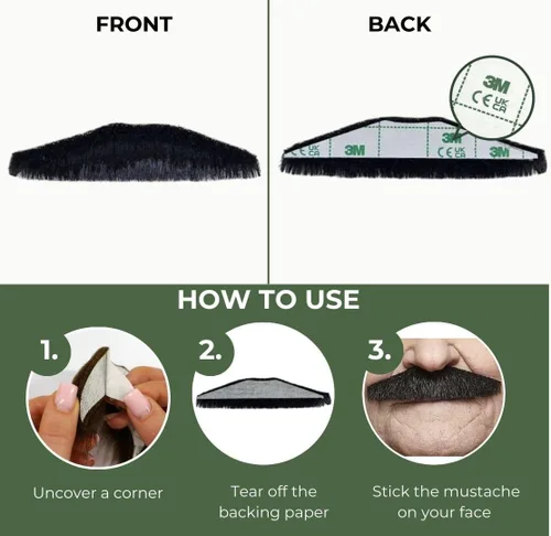 Vista 4 de Mustaches Bigote falso autoadhesivo, novedad, pelo facial falso de policía, accesorio de disfraz para adultos, color negro brillante