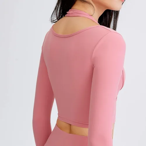 Vista 4 de Camisetas de manga larga acolchadas para mujer, camisetas de entrenamiento, yoga, correr, trajes deportivos recortados con agujeros para el pulgar