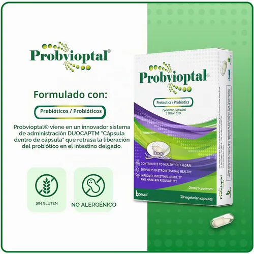 Vista 5 de Probvioptal, 30 cápsulas, probióticos y prebióticos, Duocap, 1 mil millones de UFC, sin gluten