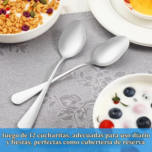 Vista 7 de Juego de 12 cucharaditas, cucharas de té de acero inoxidable de grado alimenticio, cuchara pequeña duradera, cuchara de postre de metal, cubiertos