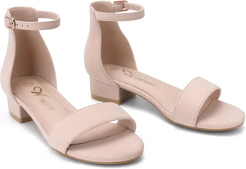 Vista 28 de Athlefit Sandalias para niñas, puntera abierta, correa en el tobillo, tacones bajos, zapatos de vestir para niñas pequeñas y grandes
