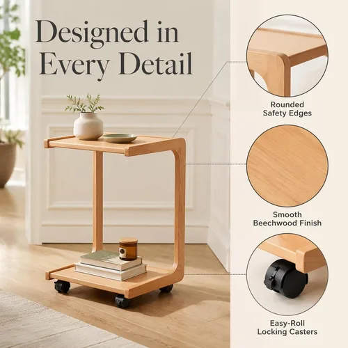 Vista 6 de 100% Solid Wood Rolling Side Table, Mobile End Table with Wheels Oak