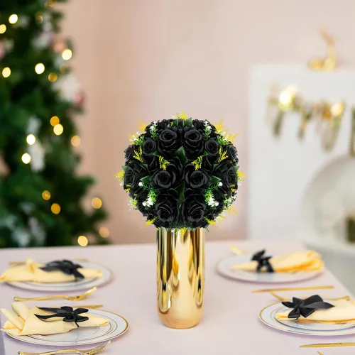 Vista 3 de BLOSMON Bolas de Flores para Bodas, Centros de Mesa de Rosas, 2 Piezas, Flores Artificiales Negras, Bolas Florales Colgantes, Decoración de Arreglos