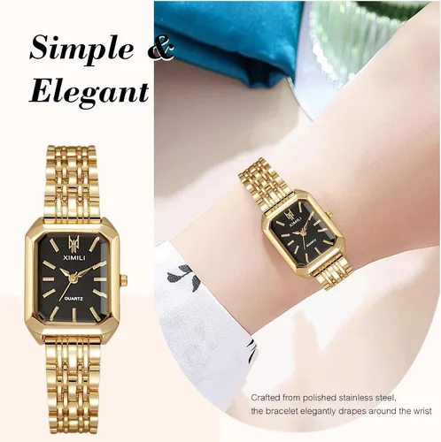 Vista 4 de RORIOS Reloj rectangular de acero inoxidable para mujer, reloj de pulsera de cuarzo