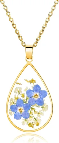 Vista 9 de Collar de flores silvestres prensadas con encaje de Forget-Me-Not y Queen Anne Collar de flores prensadas de oro Collares hechos a mano