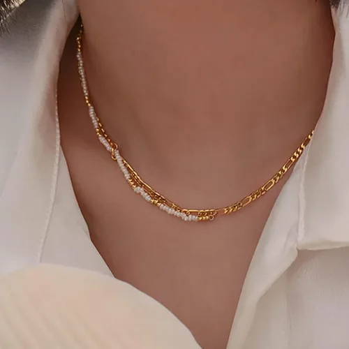 Vista 4 de Gargantilla de perlas de agua dulce de oro de 14 quilates para mujer, collar de cadena de perlas blancas cultivadas, regalo de joyería de perlas