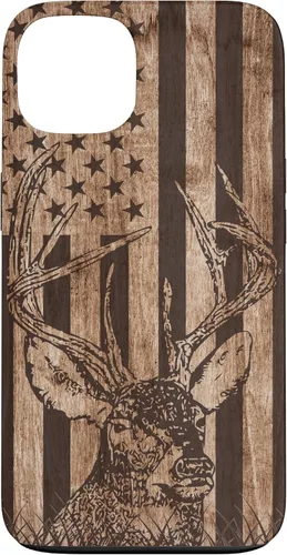 Vista 7 de Funda de madera para iPhone 16 con diseño de ciervo de cola blanca para caza cazador de bandera estadounidense