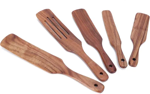 Vista 7 de Juego de utensilios de cocina de madera de teca, 5 piezas, espátulas de madera, herramientas de calor con orificio para colgar, para agitar, girar