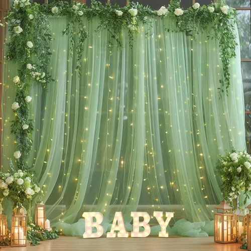 Vista 15 de Cortina de telón de fondo de tul negro de 10 x 10 pies con cadena de luces para fiestas, cortinas de fondo de fotos transparentes para bodas