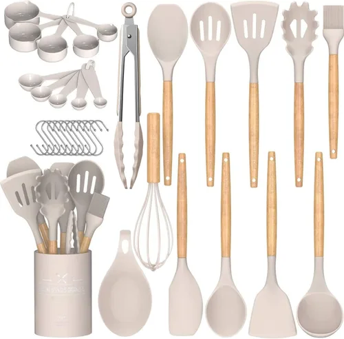Vista 10 de Umite Chef Juego de utensilios de cocina de cocina, 33 piezas de espátula de cocina de silicona antiadherente con soporte, mango de madera, juego