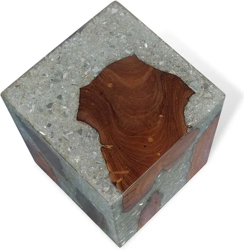 Vista 8 de Taburete de madera maciza de teca y resina, taburete de tocón de árbol con borde vivo, mesa auxiliar de borde natural, soporte para plantas, mesita
