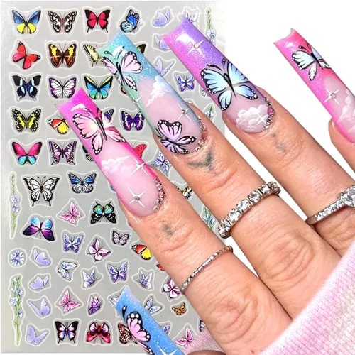 Vista 3 de 5 hojas de calcomanías de arte de uñas de mariposa, 3D coloridas mariposas, suministros de arte de uñas, mariposas, flores, calcomanías Con