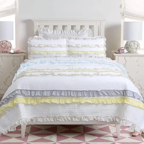 Vista 13 de Cozy Line - Juego de edredón de rayas verdes lavanda y puntos morados, 2 piezas, 100% algodón, reversible, para todas las estaciones, con fundas