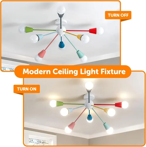 Vista 8 de Candelabro colorido, candelabro Sputnik moderno, 8 luces para niños con luces divertidas multicolor arcoíris para habitación de niños, sala