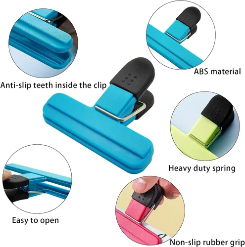 Vista 2 de Clips para bolsas de chips, 9 unidades, herméticos, resistentes y resistentes clips de plástico para almacenamiento de alimentos, abrazaderas