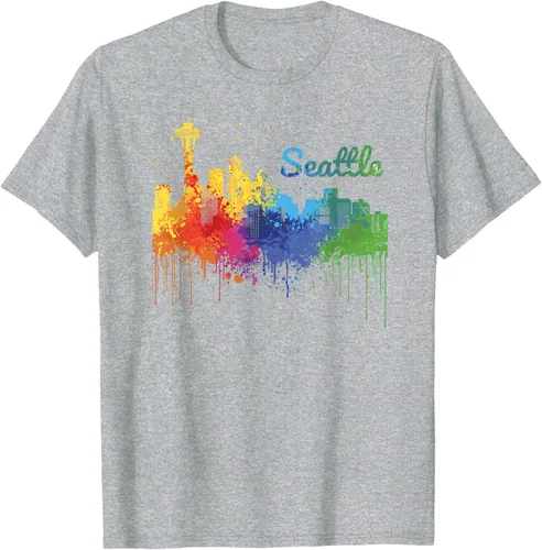 Vista 35 de Seattle Washington Skyline Watercolor Souvenir Seattle Camiseta, Negro