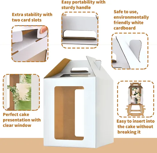 Vista 3 de Cajas Altas para Pasteles de Niveles, 10x10x12 y 12x12x14 Cajas para Pasteles de Niveles con Ventana, Portador de Pasteles Altos de 8in 10in 12in