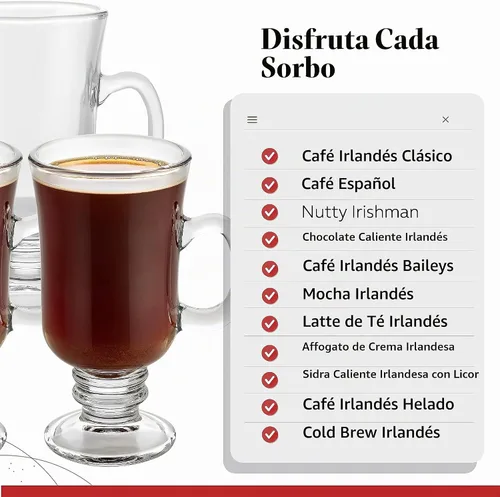 Vista 3 de PARNOO Tazas de café irlandesas, 8 onzas con mango y base de tallo con pies, vasos transparentes para té, café y chocolate caliente, juego de 4