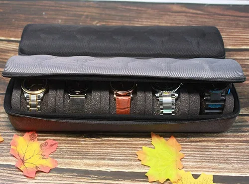Vista 8 de AUKURA Estuche de viaje para reloj duro caja de almacenamiento y organizador de 5 ranuras para hombres y mujeres con almohada de reloj antimovimiento