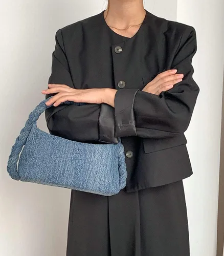 Vista 7 de Bolso de mezclilla vintage para mujer, bolso de mezclilla tejido con asa superior, bolso cruzado ligero de diseñador con cadena