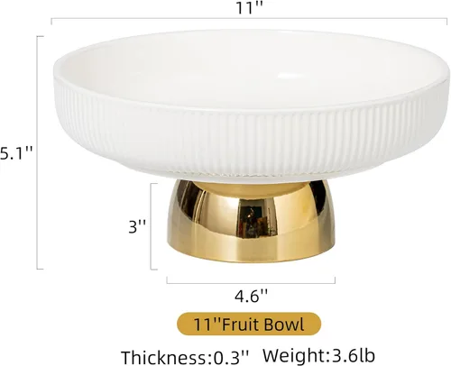 Vista 2 de Frutero de cerámica, cuencos decorativos grandes de 11 pulgadas, bandeja de pedestal blanca y base dorada, frutero para encimera de cocina, bandejas