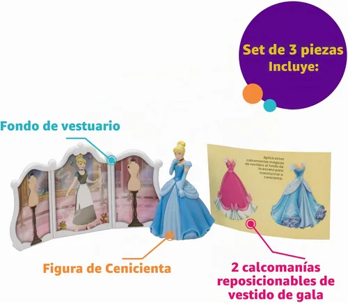 Vista 4 de DecorSet® Disney Princess Cenicienta Transforms Decoración para pastel, juego de 4 piezas para pastel de cumpleaños con figura y pegatinas de vestido