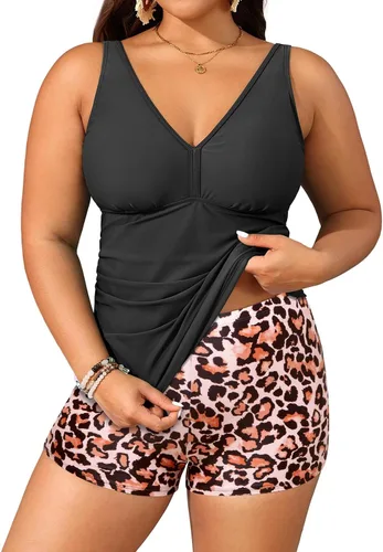 Vista 12 de Yonique Trajes de baño de talla grande para mujer con shorts, control de abdomen, tankini de dos piezas, traje de baño deportivo Aqua y flor azul