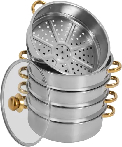 Vista 7 de Olla de vapor, olla de vapor de acero inoxidable de 5 niveles con práctica asa de tapa, utensilios de cocina multiusos de 5.0 cuartos de galón