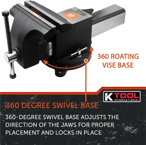 Vista 5 de K Tool International 64108 Tornillo de banco de 8 pulgadas con base giratoria giratoria con bloqueo de 360 grados para garajes, talleres