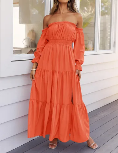 Vista 24 de ZESICA - Vestido largo, bohemio y sexy, con hombros descubiertos y manga larga fruncida, con elástico fruncido, cintura alta y abertura lateral