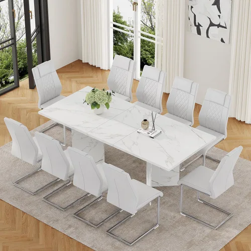 Vista 14 de Juego de mesa de comedor extensible de 63 a 79 pulgadas para 4, juego de mesa de cocina de mármol sintético blanco para 4, juego de mesa de comedor