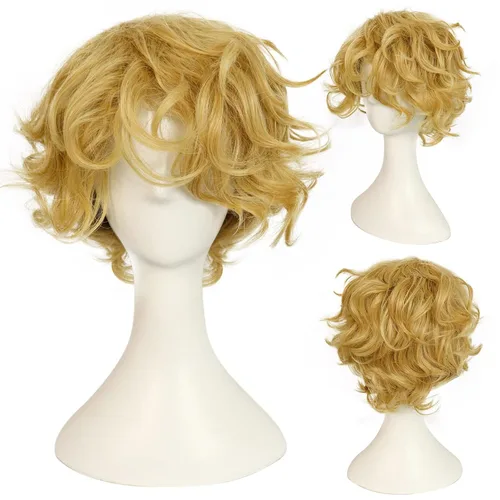 Vista 2 de Peluca rubia para hombre, peluca rubia corta, esponjosa, cabello rizado y desordenado Rubia de moda