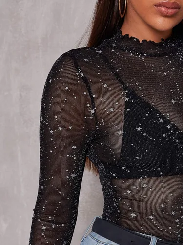 Vista 3 de Floerns - Blusas de malla transparente con estrellas de manga larga con cuello alto para mujer